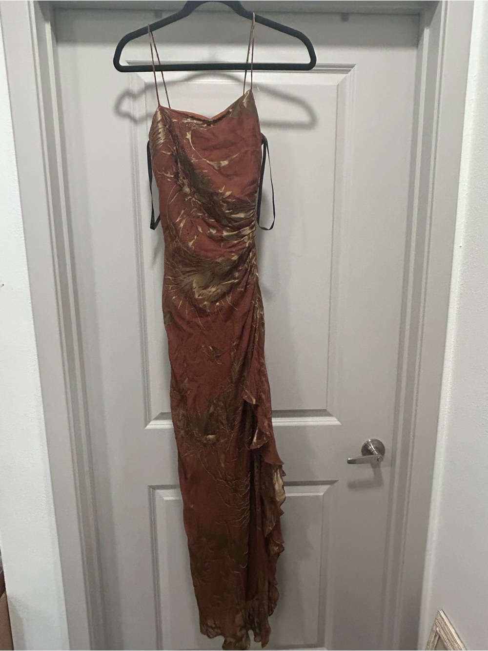 Silk Brown Satin-Blend Maxi Dress with Floral Accents